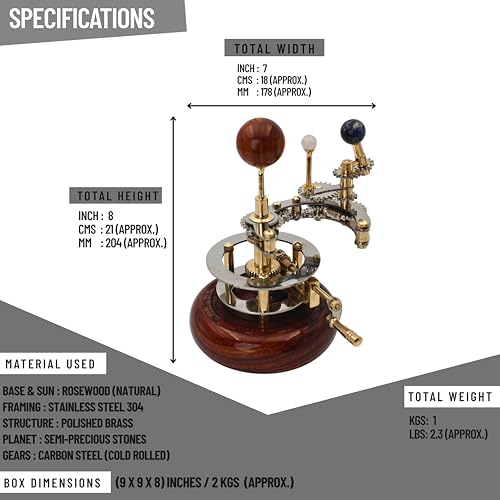 Solar System Model | Educational & Decorative Astronomy Orrery | Premium Brass Mechanical Planetarium (8" Earth & Moon)