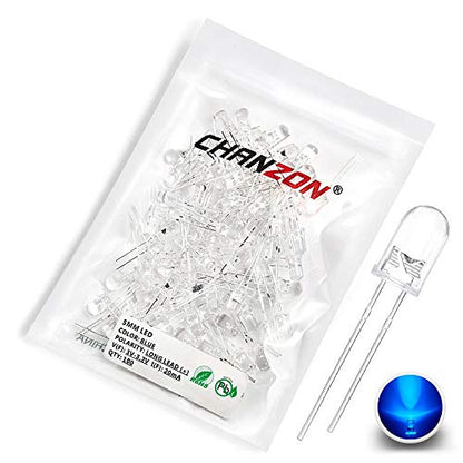 Chanzon 100 pcs 5mm Blue LED Diode Lights (Clear Round Transparent DC 3V 20mA) Super Bright Lighting Bulb Lamps Electronics Components Light Emitting Diodes - color: F) Blue, size: 5mm Round Top