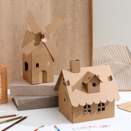 NUOBESTY 6 Pcs Cardboard Houses for Kids Crafts, Blank 3D Puzzle Village Kit to Paint and Color, DIY Paper Building Project for Indoor Art Activity