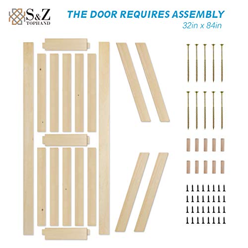 S&Z TOPHAND® 32in x 84in Unfinished British Brace Knotty Barn Door with Sliding Hardware Kit/Solid Wood/Sliding Door/Double Surfaces/A Simple Assembly is Required - size: 32x84in