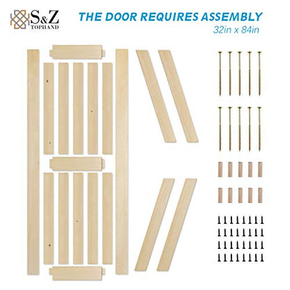 S&Z TOPHAND® 32in x 84in Unfinished British Brace Knotty Barn Door with Sliding Hardware Kit/Solid Wood/Sliding Door/Double Surfaces/A Simple Assembly is Required - size: 32x84in