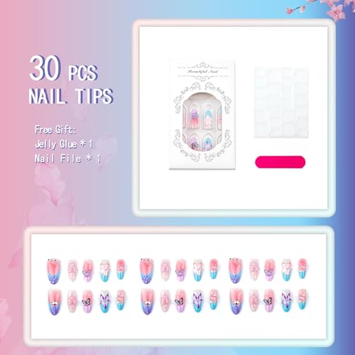 Purple Press on Nails Almond Short Gradient Press on False Nails 3D Flowers and Butterfly Sparkly Rhinestones Stick on Nail for Women 24pcs - color: Color43