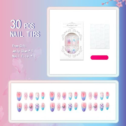 Purple Press on Nails Almond Short Gradient Press on False Nails 3D Flowers and Butterfly Sparkly Rhinestones Stick on Nail for Women 24pcs - color: Color43