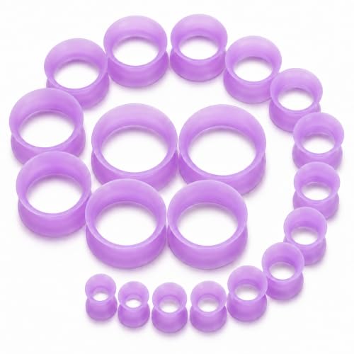 Oyaface 20 PCS Piercing Tunnel Set Soft/Hard Silicone Flesh Ear Plugs 2g-25mm Flexible Ear Stretching Gauge Expander - color: Purple(thin)