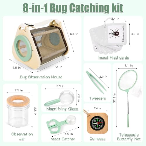 Wooden Bug Catcher Kit for Kids 3+, Bug Catching & Outdoor Explorer Kit | Wooden Insect Cage, Safe, Extendable Butterfly Net, Carry Bag, Catch & Release Adventure Set for Backyard & Camping