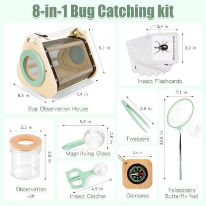 Wooden Bug Catcher Kit for Kids 3+, Bug Catching & Outdoor Explorer Kit | Wooden Insect Cage, Safe, Extendable Butterfly Net, Carry Bag, Catch & Release Adventure Set for Backyard & Camping