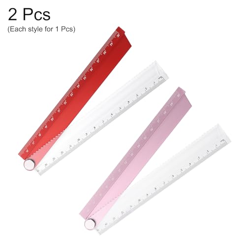 HARFINGTON 2pcs Folding Straight Ruler 30cm Metric Aluminum Alloy Protractor Foldable Angle Ruler Geometric Measuring Tool for Architects Artists Office, Red/Pink - color: Red/Pink