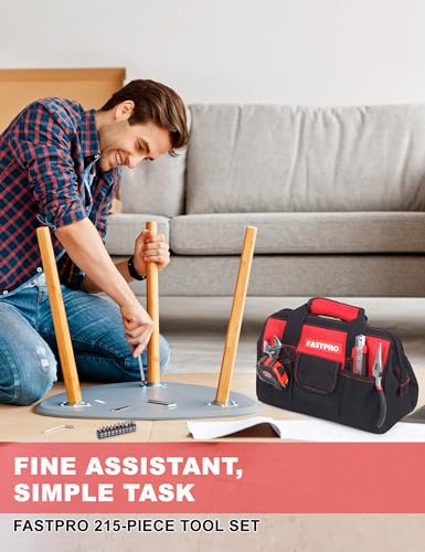 FASTPRO 215-Piece Home Repairing Tool Set with 12-Inch Bag, Red - color: Red