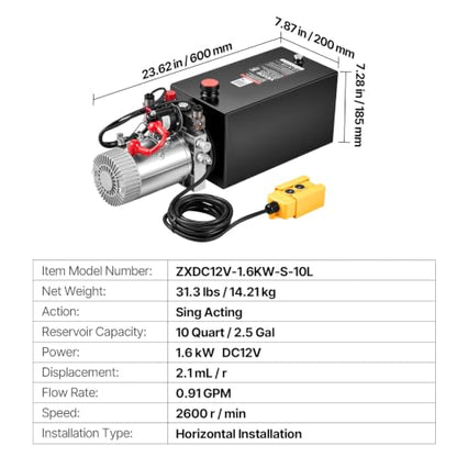 VEVOR 10 Quart Hydraulic Pump DC 12V 1.6KW Double Acting Dump Trailer Pump - size: 10 Quart, style: Double Acting