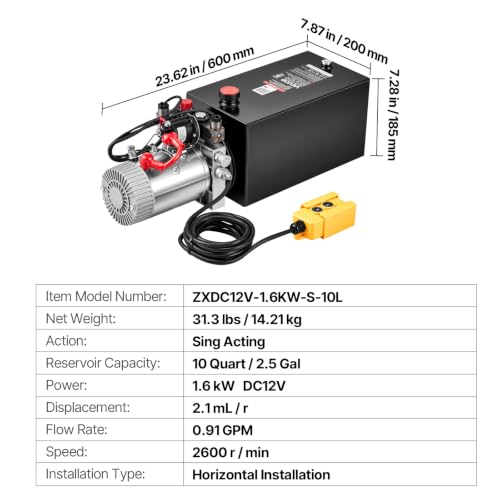 VEVOR 10 Quart Hydraulic Pump DC 12V 1.6KW Double Acting Dump Trailer Pump - size: 10 Quart, style: Double Acting