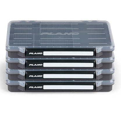 Plano StowAway 3600 50/50 Split Stow Tackle Box, 4-Pack, Corrosion-Preventive Rustricor, Single Latch Design, Transparent DuraView Lid, Stackable Storage for Fishing Bait, Lures and Gear - size: 3600 50/50 Split 4-Pack, style: New Model