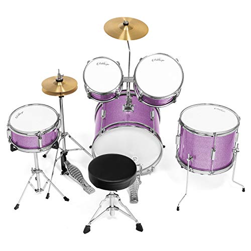 Ashthorpe 5-Piece Complete Kids Drum Set with Genuine Brass Cymbals - Junior Beginner Kit with 16" Bass, Throne, Hi-Hats, Pedals & Drumsticks - Purple - color: Purple