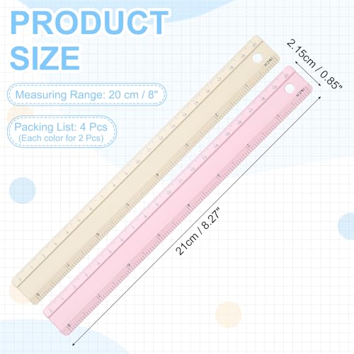 PATIKIL Metal Ruler 8 Inch/20cm, 4 Pcs Aluminum Straight Edge Ruler, Dual Scale Measuring Tool with Inch/Centimeter Scales & Hole for Math Office Drawing Engineering Home, Pink/Yellow - color: Pink/Yellow
