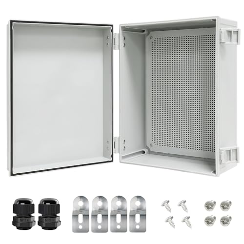 Junction Box IP65 Waterproof Electrical Box Outdoor ABS Plastic Project Box Hinged Shell Universal Enclosure Box with Mounting Plate, Wall Brackets, Cable Glands 15.7" x 11.8" x 7.1" - color: Grey, size: 15.7" x 11.8" x 7.1"