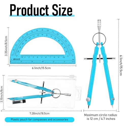 EBOOT Math Geometry Set Metal Compass 6" Clear Protractor, Blue and Blue - color: Blue and Blue