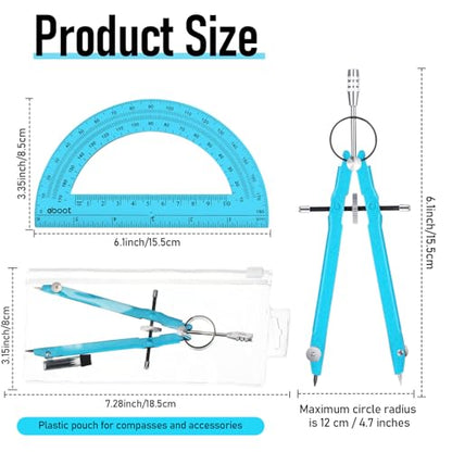 EBOOT Math Geometry Set Metal Compass 6" Clear Protractor, Blue and Blue - color: Blue and Blue