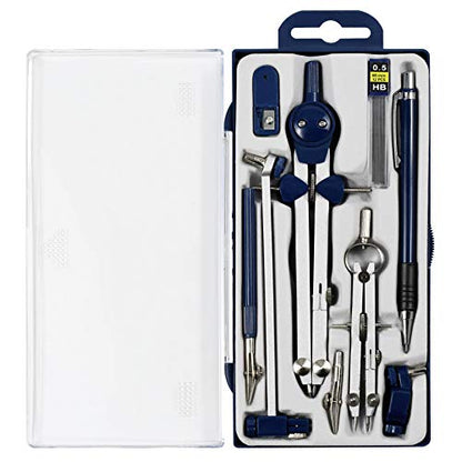 UNJOO 9Pc Geometry Set Metal Compass, Geometry Precision Tool (Blue)