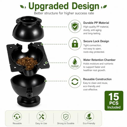 Plant Air Layering Pods for Root Growing, Reusable Propagation Ball Kit with Clear Root Monitoring Design, Easy Install Propagation Cups for Indoor Outdoor Trees and Plants(15Pcs-Small)