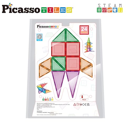 PicassoTiles Magnet Tile Building Block Set Magnetic Construction Square Triangle Tiles Toy Kit Sparking Creativity Geometric Shapes STEM Educational Learning Brain Development Kids Ages 3+ PB24 - color: 24 Pcs