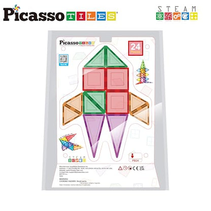 PicassoTiles Magnet Tile Building Block Set Magnetic Construction Square Triangle Tiles Toy Kit Sparking Creativity Geometric Shapes STEM Educational Learning Brain Development Kids Ages 3+ PB24 - color: 24 Pcs
