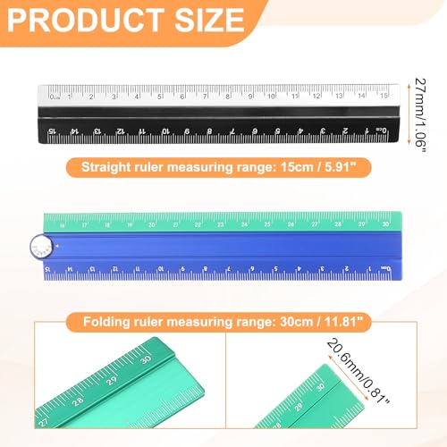 HARFINGTON Folding and Straight Ruler Kit 30/15cm Metric Aluminum Alloy Plastic Protractor Foldable Angle Ruler for Home Classroom Office, Blue-Green - color: Blue-Green