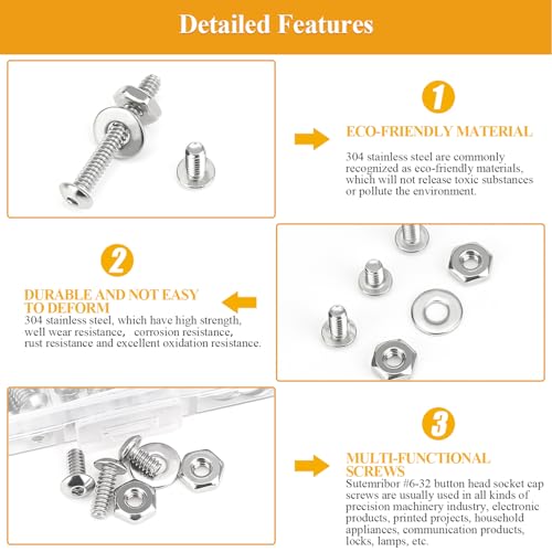 254 Pieces #6-32 x 3/16", 1/4", 5/16", 3/8", 1/2", 5/8", 3/4", 1", Button Head Socket Cap Screws Nuts Washers Assortment Kit - size: #6-32, style: Button Head Socket Cap