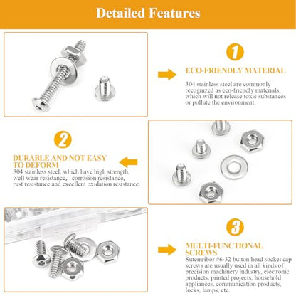254 Pieces #6-32 x 3/16", 1/4", 5/16", 3/8", 1/2", 5/8", 3/4", 1", Button Head Socket Cap Screws Nuts Washers Assortment Kit - size: #6-32, style: Button Head Socket Cap