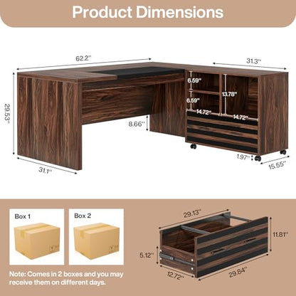 Tribesigns 62.2" L-Shaped Executive Desk with Mobile File Cabinet - color: Dark Brown and Black