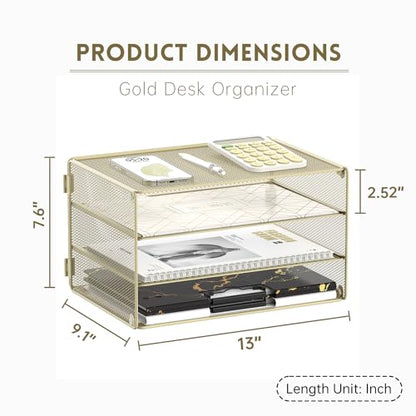 DALTACK 3 Tier Letter Tray Paper Organizer with Sliding Mesh Trays Yellow - color: Golden Yellow