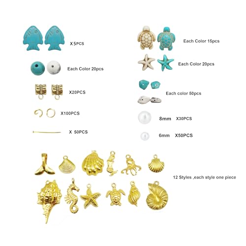 Julie Wang 422PCS Gold Tone Alloy Pendants Seashells Man-made Turquoise Beads Starfish Turtle Ocean Charms for Jewelry Making Summer Beach Bead Necklace Bracelet DIY Supplies - color: Style B-422PCS