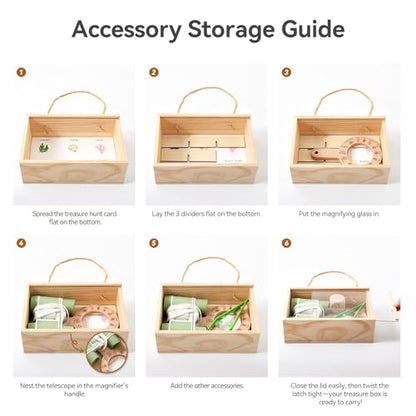 WOODEN TEETHER Kids Scavenger Hunt Play Set, 15pcs Treasure Hunt Kit with Binoculars, 10 Double-Sided Cards & Storage Box Indoor/Outdoor Exploration for Home, Backyard, Park