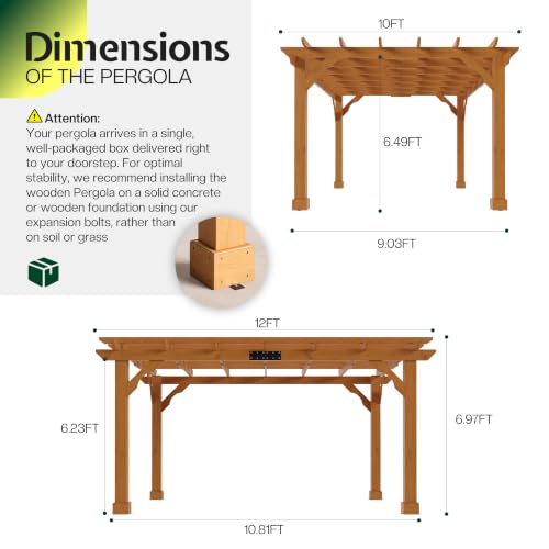 Jocisland 10x12 FT Premium Cedar Wood Pergola with Trellis Roof & Stakes - size: 10x12 FT