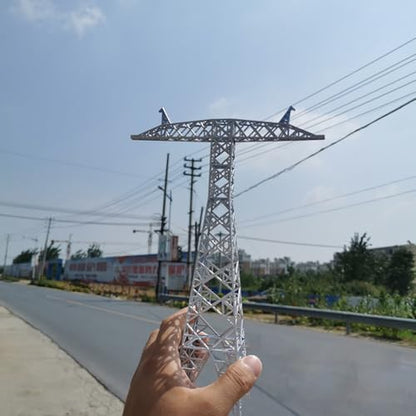 Miniature Electric Transmission Tower Model, 10.7 inch Height, T-Shaped Design, Silver ABS Construction