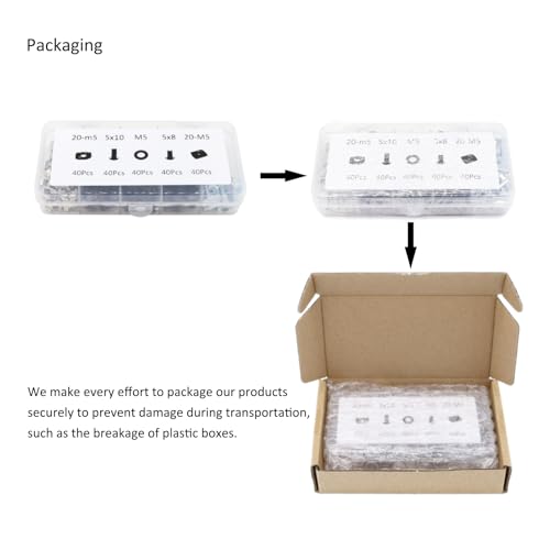 200Pcs 2020 Aluminum Extrusion M5 T Slot Nuts and Bolts Screws 20 Series Extruded Hardware Drop in T Nut Slide Nut M5x8 10mm for 20/20 80 20 2040 T V Slot Black Aluminum Profile Accessories - style: 20 Series Type C