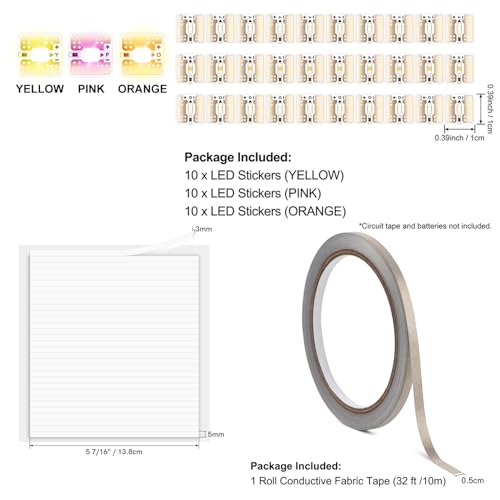 LED Circuit Stickers Light Craft Kit - 30 Pcs Yellow Pink Orange for Making Light-Up Cards Projects, with 1 Roll Conductive Tape and 3 Sheets Adhesive Foam Strips, Add Lights to Holiday Special Cards