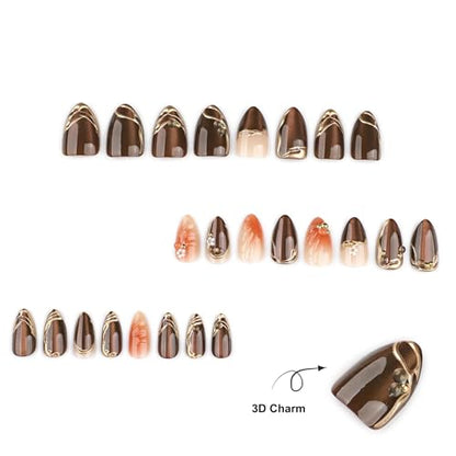Almond Press on Nails Short Brown Fake Nail Gold Embossed Acrylic Nail Press ons Daisy Charm Stick on Nail for Women 24pcs - color: Color32