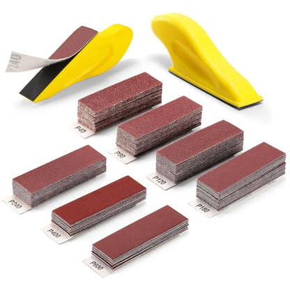 POLIWELL Micro Sanding Tools 3.5” x 1” Detail Sander for Small Projects, Mini Handle Sander Kit+ Sandpaper 40 80 120 180 240 400 600 Grit for Crafts Wood Finishing Tight Narrow Spaces, 120 PCS - style: 120 Pcs