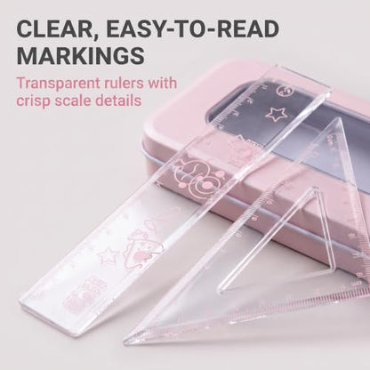 7Pcs Pink Compass Protractor Set with Portable Box Geometry Drafting Tools Set Multi-Purpose Math Drawing Rulers for Boy Girl Drafting Tools and Drafting Kits