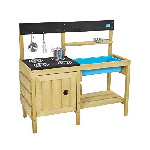 TP Toys Mud Play Kitchen For Kids - Indoor, Outdoor Wooden Toy Toddler Kitchen Playset with Accessories, Durable, Weatherproof, Removable Sink, Chalkboard, Wood Burner Stencils, Easy Assembly, Ages 3+ - style: Wooden Muddy Maker Mud Kitchen