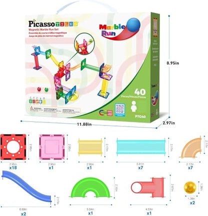 PicassoTiles Magnetic Tiles Marble Run Building Blocks Rainbow Color with Slide Drop Funnels Tubes STEM Educational Toy Set Compatible Durable Construction Kit for Kids Age 3+ Preschool Learning PTG40 - style: Marble Run 40pcs