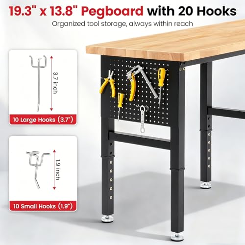 ENJOYWOOD 84" Adjustable Height Workbench with Pegboard & Power Outlet, 5000 LBS Capacity Heavy Duty Work Bench with Solid Rubberwood Top, Garage Work Table for Workshop