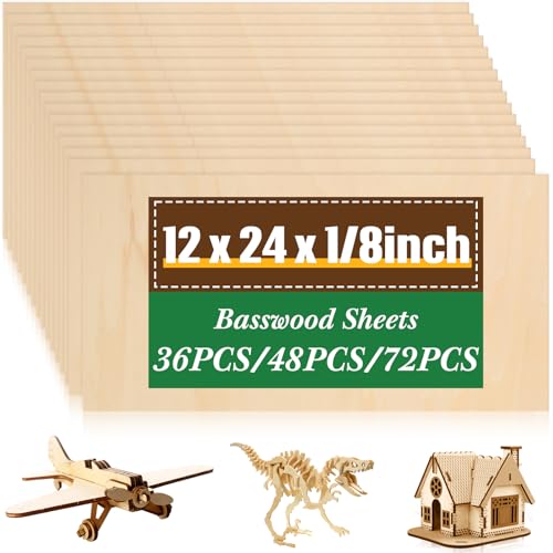 Riakrum Basswood Sheets Plywood Board Unfinished Wood Boards for Crafts for DIY Laser Projects Architectural Mini House Building Hobby Model Making(12 x 24 x 1/8 Inch,48) - size: 12 x 24 x 1/8 Inch