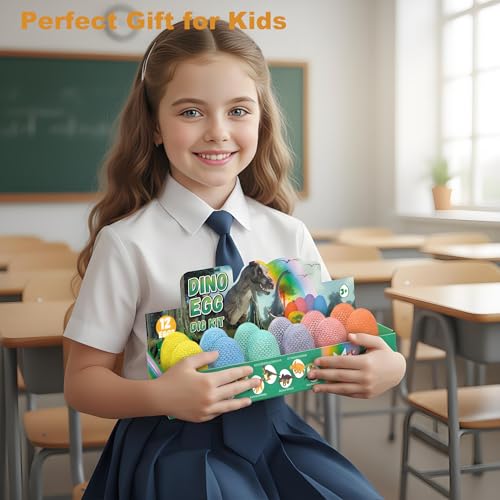 EXBEPE Dinosaur Eggs Excavation Dig Kit, 12 Fossilized Colorful Easter Dinosaur Egg with 12 Cards and 12 Dig Tools, Science Education STEM Toys for Boys & Girls Ages 3-12