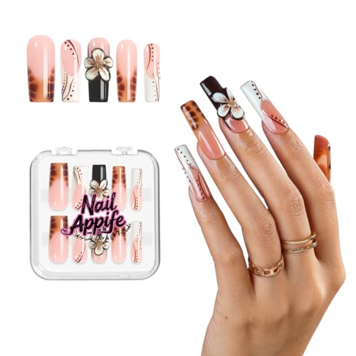 Handmade Acrylic Press On Nails, Square Brown French Tips, 3D Floral - color: Mocha Garden, size: M