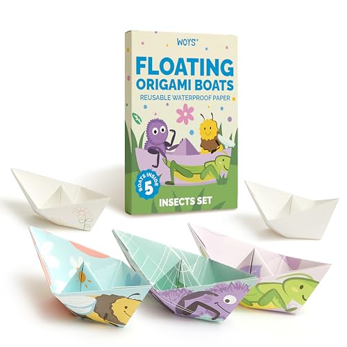 WOYS Floating Origami Boats | Insects Set | Waterproof Reusable Paper | Screen-Free DIY Arts & Crafts Activity & Gift | 5 Sheets | Bath, Pool & Indoor Play - color: INSECTS
