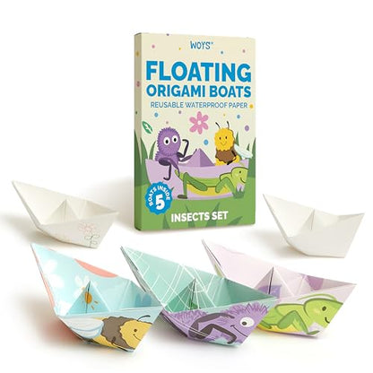 WOYS Floating Origami Boats | Insects Set | Waterproof Reusable Paper | Screen-Free DIY Arts & Crafts Activity & Gift | 5 Sheets | Bath, Pool & Indoor Play - color: INSECTS