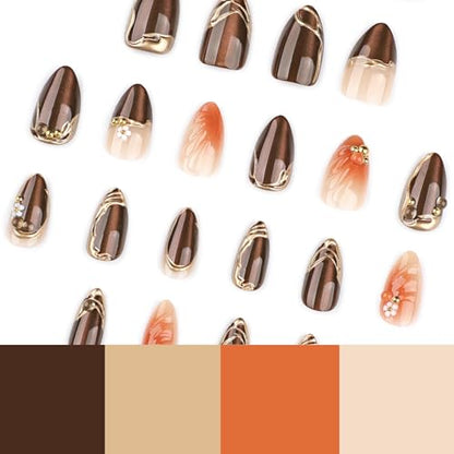 Almond Press on Nails Short Brown Fake Nail Gold Embossed Acrylic Nail Press ons Daisy Charm Stick on Nail for Women 24pcs - color: Color32