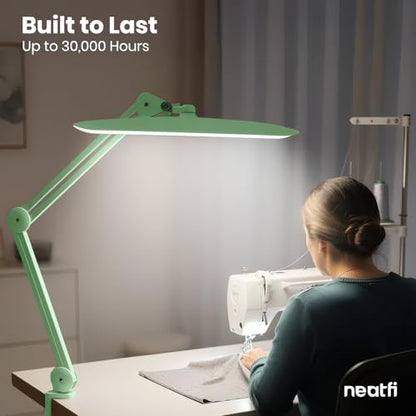 Neatfi XL 2200 Lumens 24W LED Desk Lamp – Shadow-Free Task Lighting | 4-Level Dimming | Home Office & Crafts Use | 20-Inch Wide Head (Midnight Green, Non-CCT with Clamp) - color: Midnight Green, size: Non-CCT with Clamp