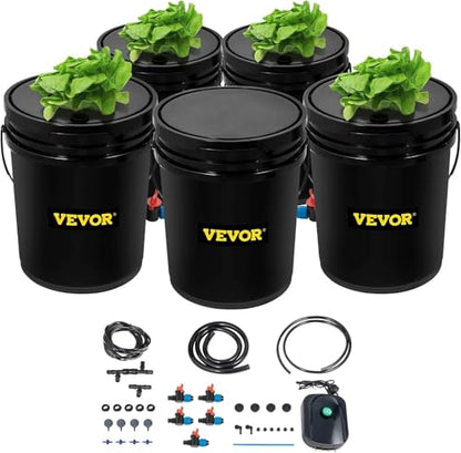 VEVOR DWC Hydroponic System, 5 Gallon 5 Buckets, Deep Water Culture Growing Bucket, Hydroponics Grow Kit with Pump, Air Stone and Connected Reservoir, for Indoor/Outdoor Leafy Vegetables - style: 5 Buckets