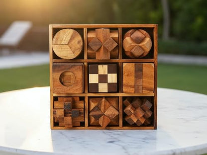 BSIRI 9 in 1 Wooden Brain Teaser Puzzles for Adults Teens Box Set Wood Hard Level 10 Impossible Mind Wood Brain Teaser Games 3D Hand Puzzle Sets for Decoration and Mini Toys - style: 9 Puzzle Set